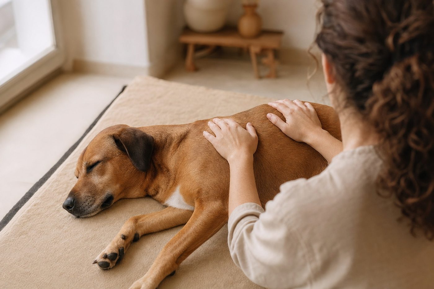 Hund liegt entspannt auf der Seite, eine Therapeutin (von hinten, anonym) legt behutsam die Hände auf seinen Rücken