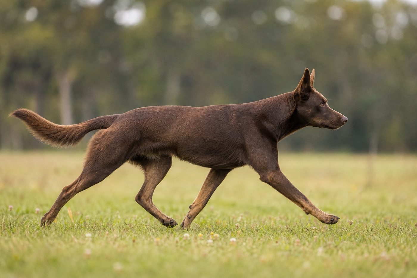 Hund trabt im Seitprofil über eine Wiese, korrekte diagonale Gangart