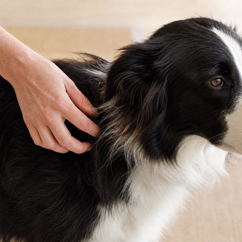 Eine Hand führt langsame kreisförmige TTouch-Griffe über die Schulter eines ruhigen Border Collies