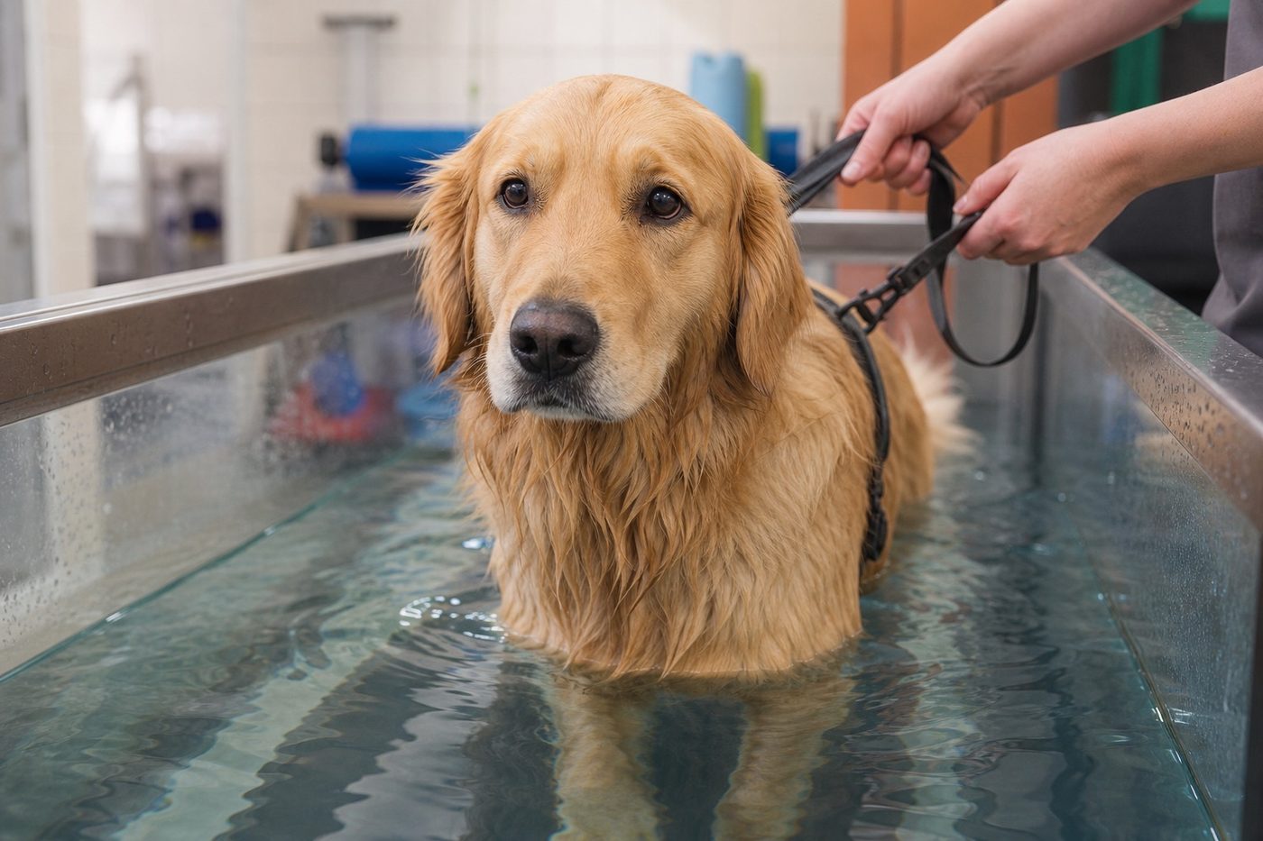 Golden Retriever läuft ruhig auf einem Unterwasserlaufband, das Wasser reicht bis zu den Ellbogen
